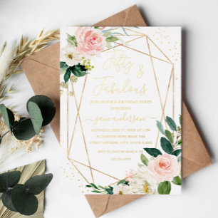 50 & Fabulous Blush Gouden Bloemige Verjaardag Folie Uitnodiging