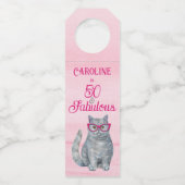 50 & Fabulous Cat, Roze en Grijs, 50e verjaardag Flessenhanger (Voorkant)