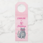 50 & Fabulous Cat, Roze en Grijs, 50e verjaardag Flessenhanger (Voorkant)