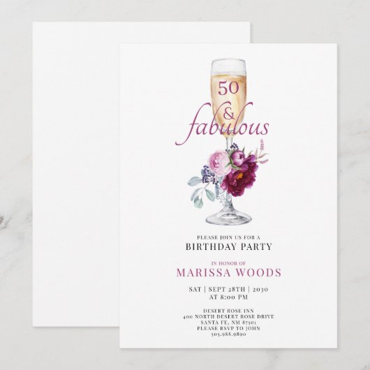 50 Fabulous Champagne Floral Birthday Invitation (Devant / Derrière)