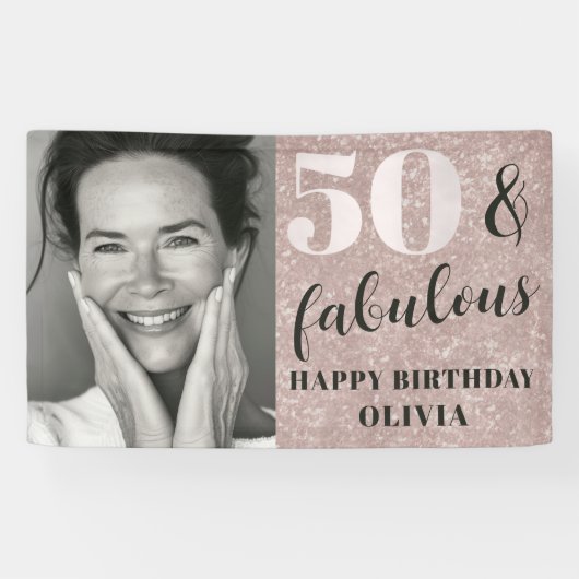 50 & Fabulous Chique Roze Glitter & Foto Verjaarda Spandoek (Horizontaal)