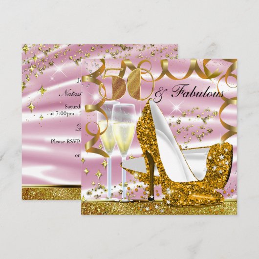 50 & Fabulous Glitter Goud Roze Uitnodiging voor V (Voorkant / Achterkant)