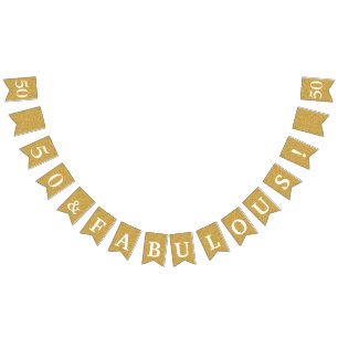 50 & Fabulous Glitterige Gouden & Witte Verjaardag Vlaggetjes