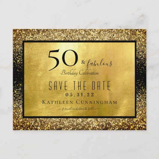 50 & Fabulous Gold Glitter Save the Date Briefkaar Briefkaart (Voorkant)