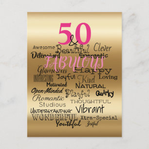 50 & Fabulous Goud Roze Zwart Verjaardag Typografi Uitnodiging Briefkaart