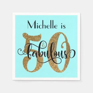 50 & Fabulous Gouden Glitter Verjaardagslicht Aqua Servet