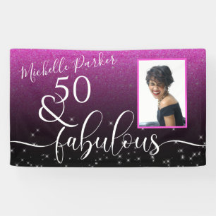 50 Fabulous Modern Pink Glitter Birthday Foto Spandoek
