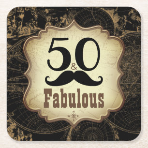50 Fabulous Mustache  Kaart Verjaardagsfeest Vierkante Kartonnen Onderzetter