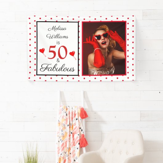50 & Fabulous Name Foto Red 50th Birthday Red Dot Spandoek (Insitu)