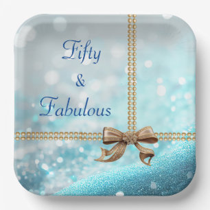 50 & Fabulous Photo Blue Gold Bow 50th Birthday Papieren Bordje