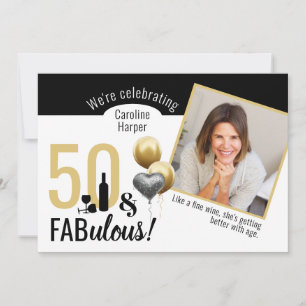50 & Fabulous Photo Gold & Black Modern Birthday Kaart