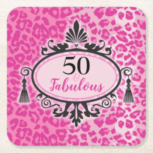 50 & Fabulous Pink Leopard 50th Birthday Napkins Vierkante Kartonnen Onderzetter