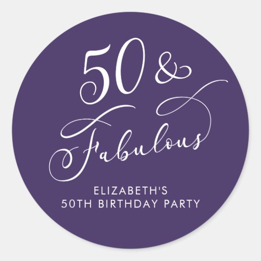 50 Fabulous Purple 50th Birthday Party Ronde Sticker (Voorkant)