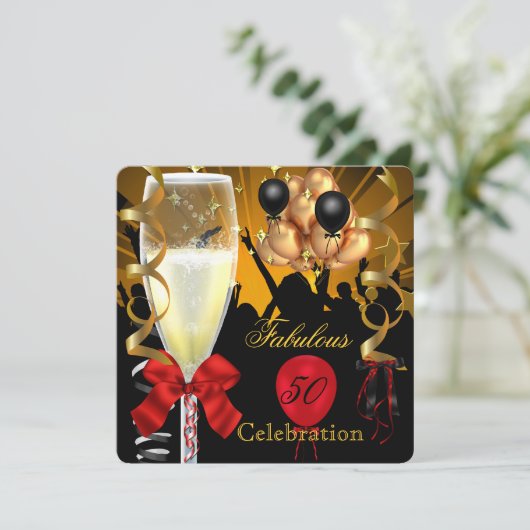 50 & Fabulous Red Gold Black, Birthday Party 2 Kaart (Staand voorkant)