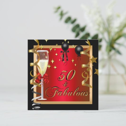 50 Fabulous Red Gold Black Birthday Party Kaart (Staand voorkant)