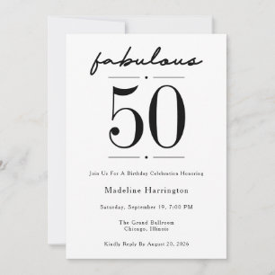 50 & Fabulous Script Zwart Wit Verjaardagsfeestje Kaart