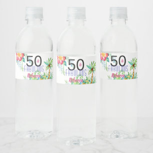 50 & Fabulous Tropical Floral Name 50th Birthday Waterfles Etiket