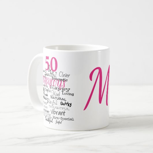 50 & Fabulous Verjaardag Roze Typografie Monogram Koffiemok (Voorkant links)