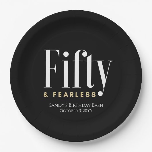 50 & Fearless Verjaardag Elegant Modern Zwart Cust Papieren Bordje (Voorkant)