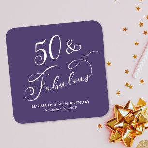 50 Feestelijke Paarse 50ste Verjaardagsfeest Vierkante Kartonnen Onderzetter