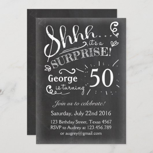 50 Invitation d'anniversaire surprise Chalkboard R (Devant / Derrière)