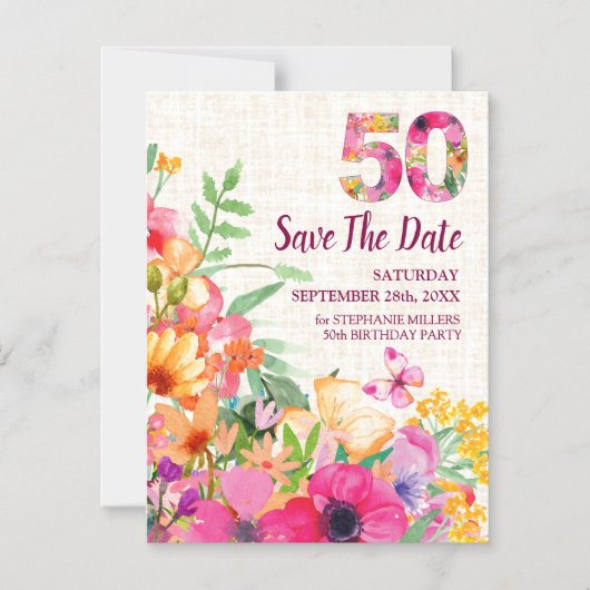 50 Jaar Bloemenlinnen 50ste Verjaardag Save the Da Magnetische Uitnodiging (Voorkant)