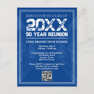 50 Jaar Hoge School Reünie Retro Blauwe Varsity QR Briefkaart