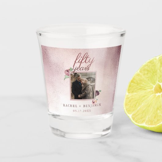 50 jaar Jubileum Roos  Gold Glitter Shot Glas (Voorkant)