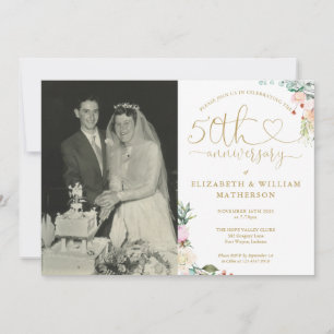 50-jarig jubileum Gouden Hart Bloemen Monogram Fot Kaart