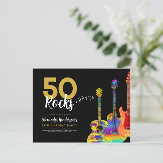 50-jarige gitaren 50 Rocks Uitnodiging Briefkaart (Staand voorkant)