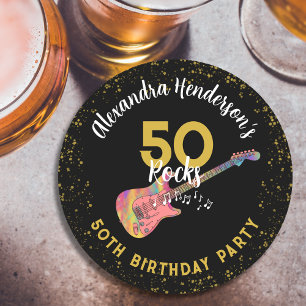 50 Rocks 50ste Verjaardagsfeest Roze Zwart Goud Ronde Kartonnen Onderzetter