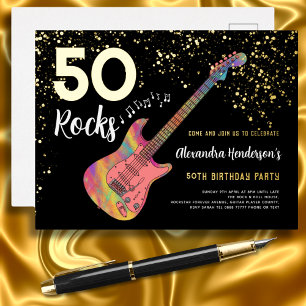 50 Rocks 50ste verjaardagsfeestje roze zwart goud Folie Uitnodiging Briefkaart