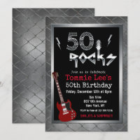 50 Rocks Rockstar Guitar 50th Birthday Invitation