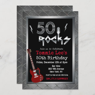 50 Rocks Rockstar Guitar 50th Birthday Invitation Kaart