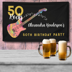 50 Rocks Verjaardagsfeestje Roze Gitaar Zwart en G Spandoek