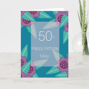50 verjaardag bloem blauw turquoise modern feestdagen kaart