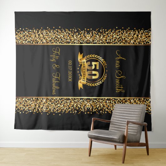 50 Verjaardag Goud & Zwart Verjaardag Party Tapest Wandkleed (In Situ (horizontaal))