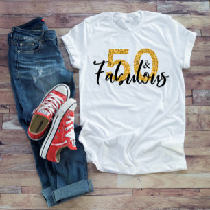 50 Vijftig en Fabulous Goud Glitter Borstel Letter T-shirt