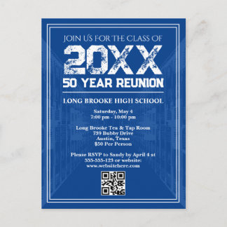 50 Year High School Reunion Retro Blue Varsity QR Briefkaart