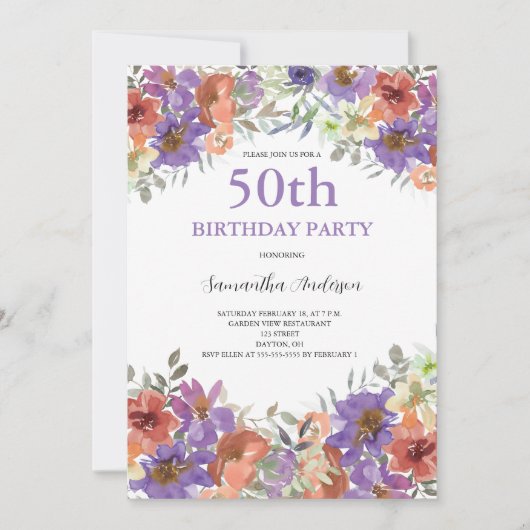 50e anniversaire Aquarelle Invitation florale (Devant)