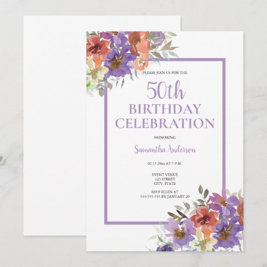 50e anniversaire Aquarelle Invitation florale (Devant / Derrière)