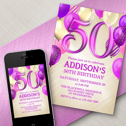 50e anniversaire Ballons roses Invitation