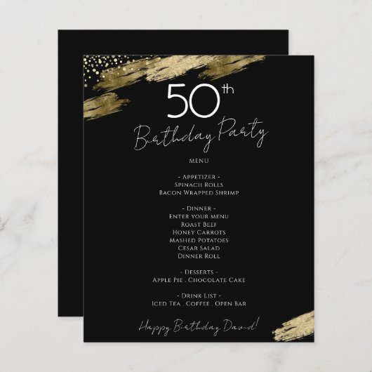 50e anniversaire Black and Gold Party Menu Flyer (Devant / Derrière)