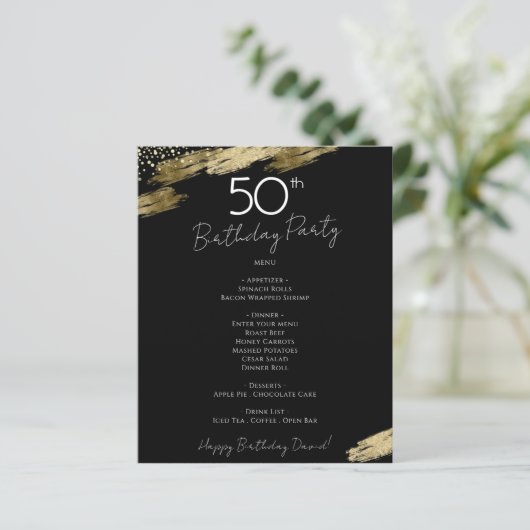50e anniversaire Black and Gold Party Menu Flyer (Debout devant)