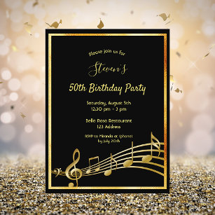50e anniversaire Black gold music notes invitation