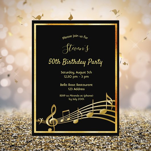 50e anniversaire Black gold music notes invitation