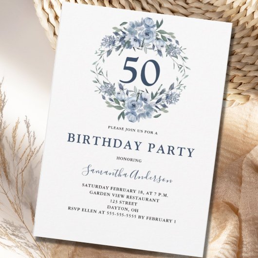 50e anniversaire Bleu Floral Invitation botanique