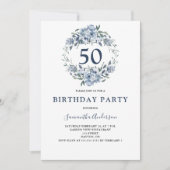 50e anniversaire Bleu Floral Invitation botanique (Devant)