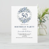 50e anniversaire Bleu Floral Invitation botanique (Debout devant)
