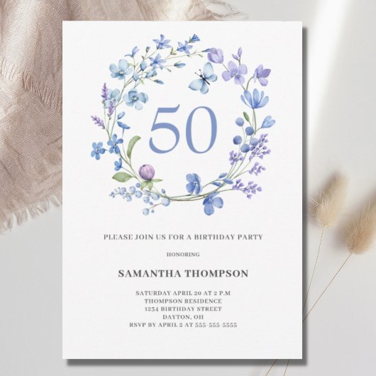 50e anniversaire Blue Floral Aquarelle Invitation
